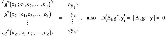 
$$
      \left( \begin{array}{c}
                         g^{*} (x_{1};c_{1},c_{2},\ldots,c_{k}) \\
                         g^{*} (x_{2};c_{1},c_{2},\ldots,c_{k}) \\
                         \vdots \\
                         g^{*} (x_{k};c_{1},c_{2},\ldots,c_{k})
             \end{array}
      \right)
    = \left( \begin{array}{c}
                              y_{1}  \\
                              y_{2}  \\
                              \vdots \\
                              y_{k}
             \end{array}
      \right), \qquad \mbox{also} \quad
      D (\Delta_k g^{*} ,y) =  \| \Delta_k g - y \| = 0.
$$