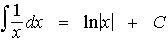 $\matrix \int \frac 1x & dx & = & \ln \left| x\right|  & +C\endmatrix $
