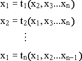 \EQN{7}{1}{}{}{\RD{\CELL{x_1=t_1(x_2,x_3...x_n)}}{1}{}{}{}\RD{\CELL{x_2=t_2(x_1,x_3...x_n)}}{1}{}{}{}\RD{\CELL{&&\vdots }}{1}{}{}{}\RD{\CELL{x_1=t_n(x_1,x_2...x_{n-1})}}{1}{}{}{}}